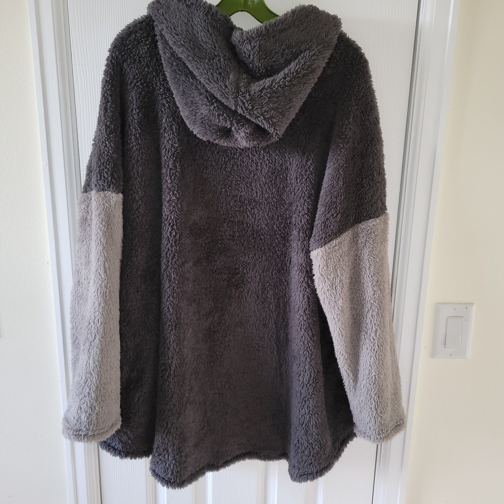 Noracora Plush Fleece Cat Hoodie XXL 1/4 Zip Pouch Pocket Dolman Sleeve Gray - Picture 11 of 15